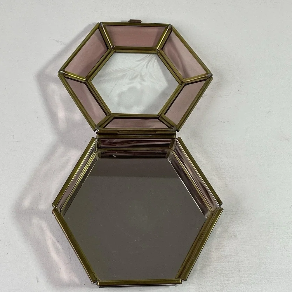 Vintage Purple Glass Jewelry Box Etched Flower Mirrored Brass Base Hexagon